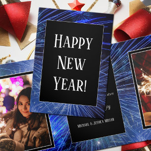 Vibrant dark blue fireworks New Year 2026 3 Photos Tri-Fold Holiday Card