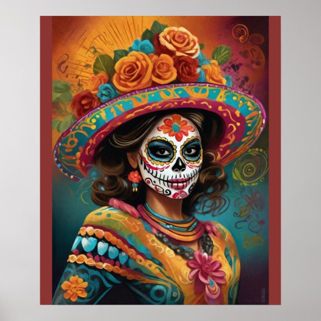 Vibrant Day of the Dead Woman in Skull Makeup Poster (Front)