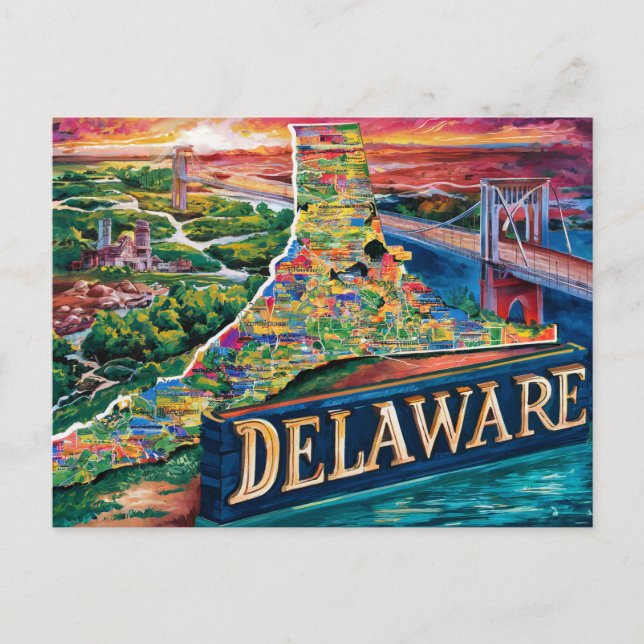 Vibrant Delaware Map Art Postcard (Front)
