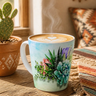 Vibrant Desert Botanical   Succulent Watercolor Latte Mug