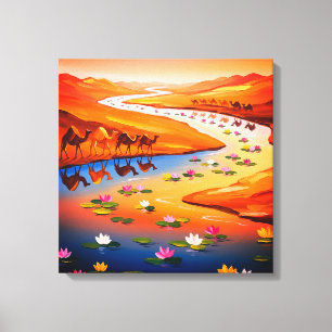 Vibrant Desert Oasis Painting with Camel Caravan Canvas Print
