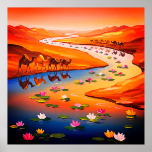 Vibrant Desert Oasis Painting with Camel Caravan Poster