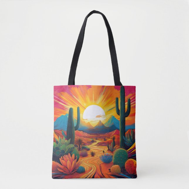 Vibrant Desert Sunrise with Colorful Cactus Lands Tote Bag (Front)