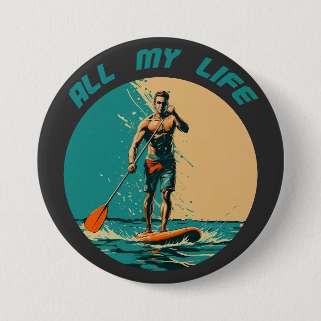 Vibrant design with man on sup paddle board 3 inch round button (Front)