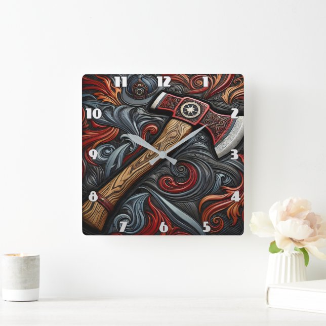 Vibrant Designs Around Fireman's Axe Square Wall Clock (Home)