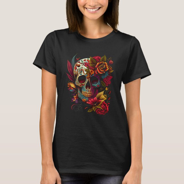 Vibrant Dia de los Muertos Skull T-Shirt (Front)
