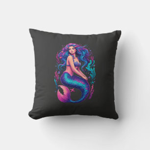 Vibrant Digital Art of Purple-Haired Mermaid on Co Throw Pillow