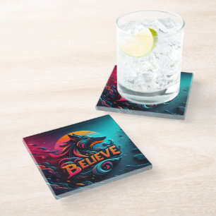 Vibrant Digital Artwork Featuring a Stylized Wolf Glass Coaster