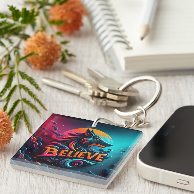 Vibrant Digital Artwork Featuring a Stylized Wolf  Keychain (Front Right)