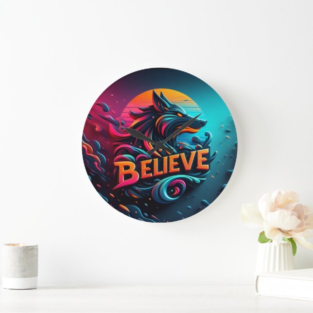 Vibrant Digital Artwork Featuring a Stylized Wolf  Large Clock (Home)