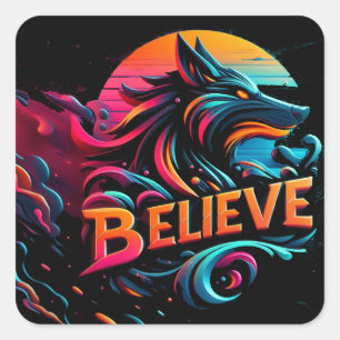Vibrant Digital Artwork Featuring a Stylized Wolf  Square Sticker