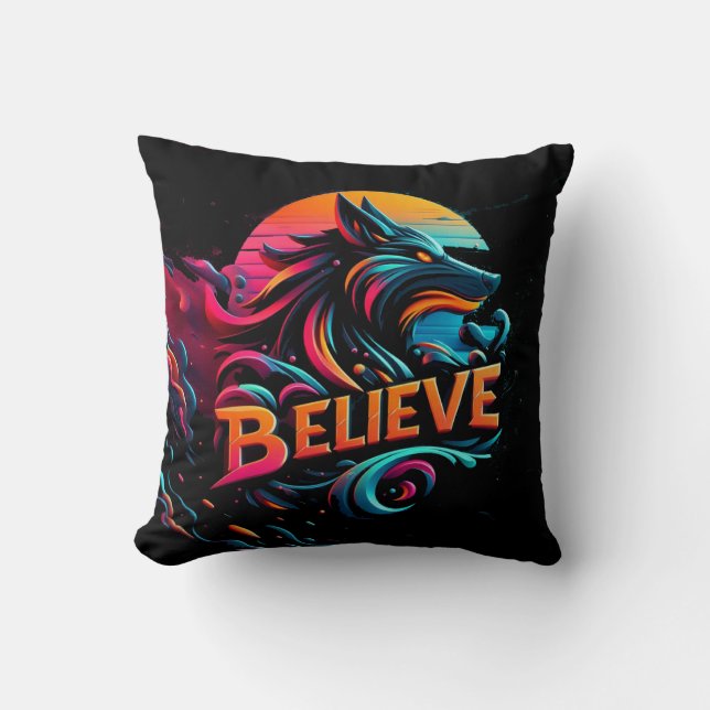 Vibrant Digital Artwork Featuring a Stylized Wolf  Throw Pillow (Front)