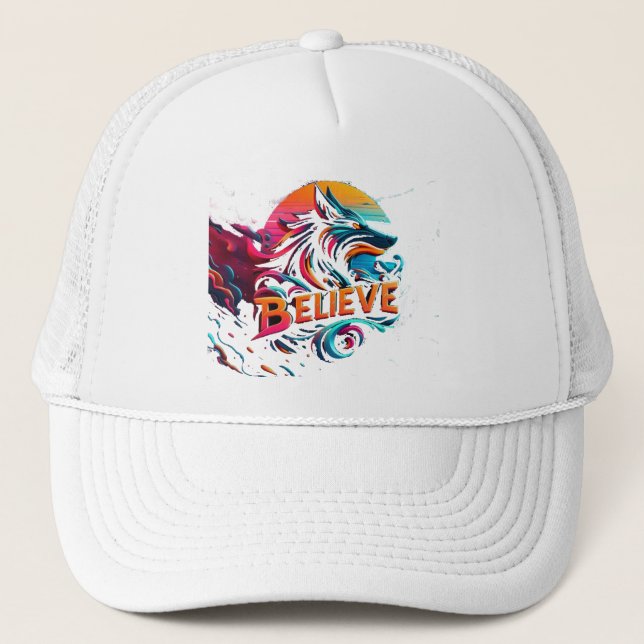 Vibrant Digital Artwork Featuring a Stylized Wolf  Trucker Hat (Front)