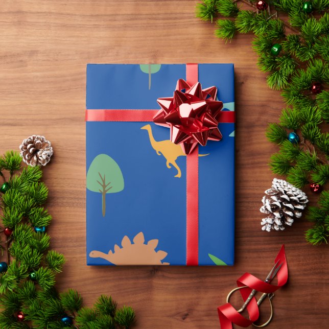Vibrant Dino and Trees Wrapping Paper on Deep Blue (Holiday Gift)