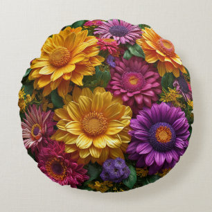Vibrant Display of Yellow and Purple Flowers Round Pillow