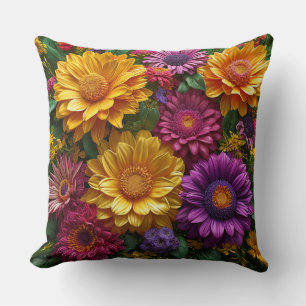 Vibrant Display of Yellow and Purple Flowers Throw Pillow