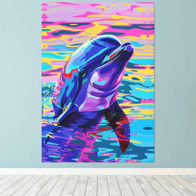 Vibrant Dolphin – Colorfull Ocean Dream Canvas Print (Insitu(Wood Floor))