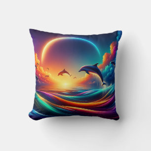 “Vibrant Dolphin Fantasy - Surreal Ocean Art" Throw Pillow