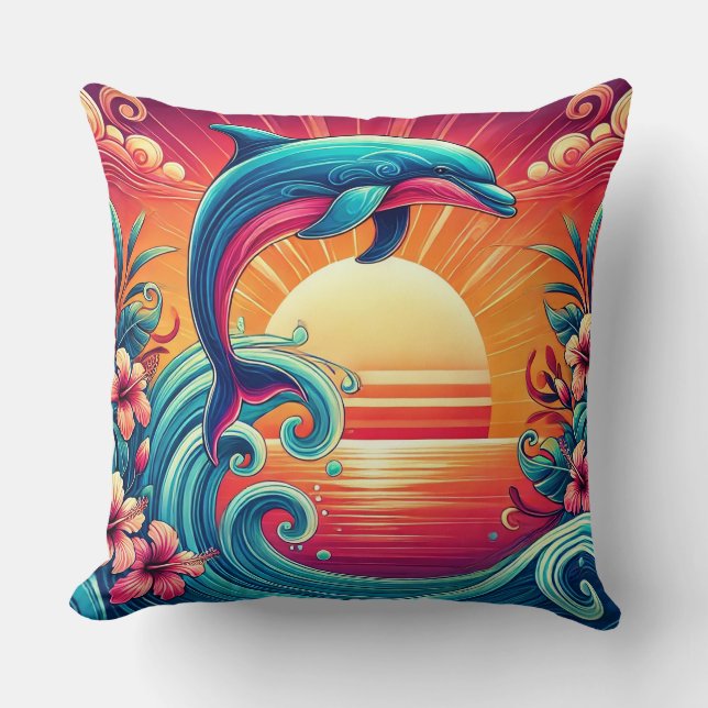 Vibrant Dolphin Leaping Over Ocean Waves Throw Pillow (Front)