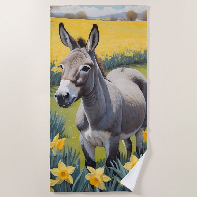 Vibrant Donkey And Yellow Daffodils Beach Towel (Front)
