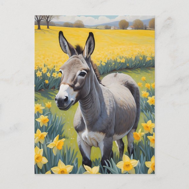 Vibrant Donkey And Yellow Daffodils Postcard (Front)