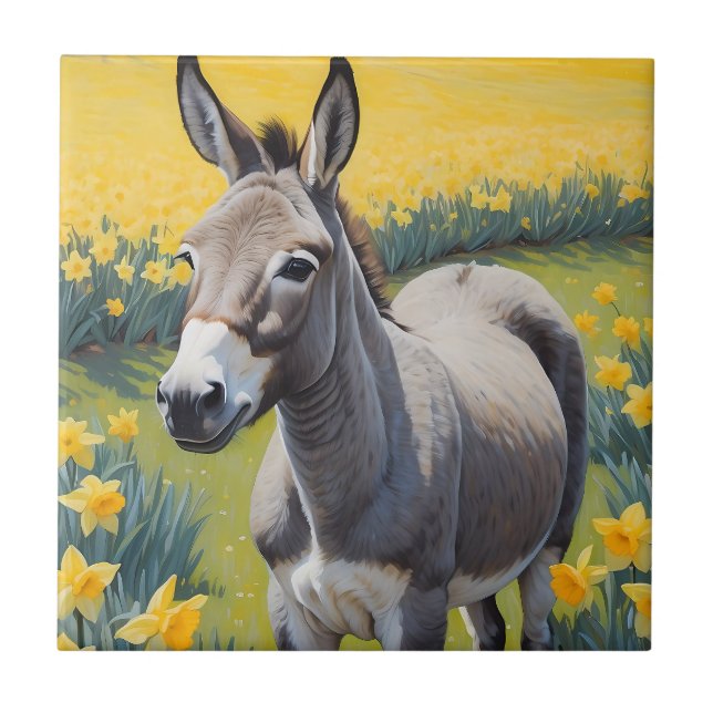 Vibrant Donkey And Yellow Daffodils Tile (Front)