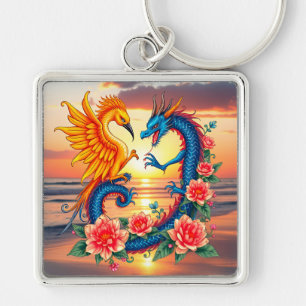 Vibrant Dragon and Phoenix Artwork with Flower Keychain