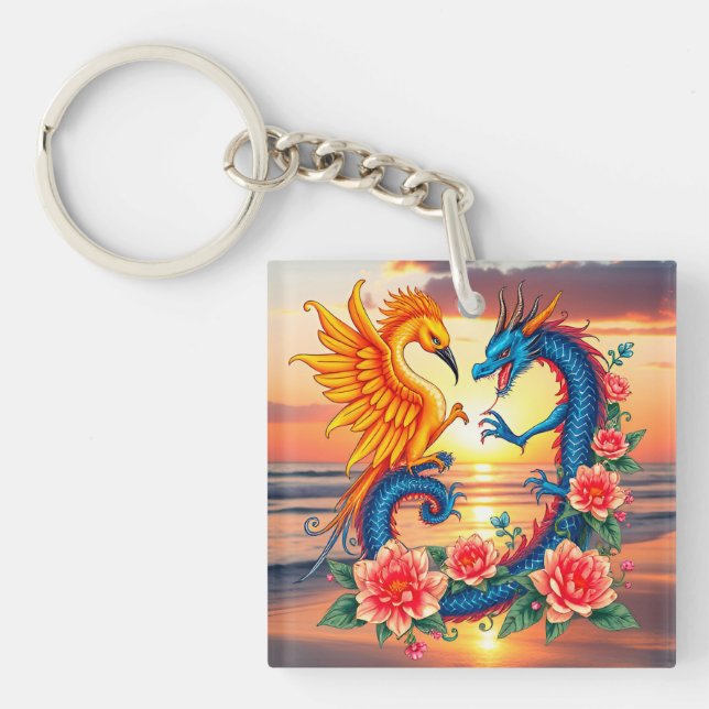 Vibrant Dragon and Phoenix Artwork with Flower Keychain (Front)
