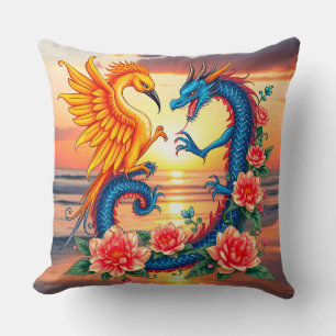 Vibrant Dragon and Phoenix Artwork with Flower Throw Pillow