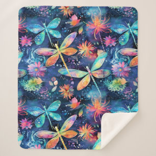 Vibrant dragonflies pattern sherpa blanket
