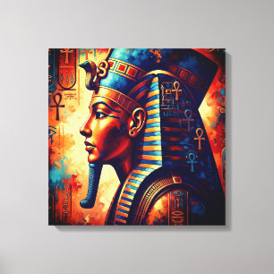 Vibrant Egyptian Pharaoh Portrait with Hieroglyphs Canvas Print