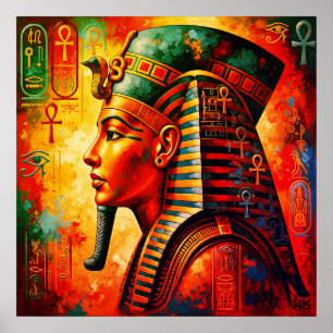Vibrant Egyptian Pharaoh Portrait with Hieroglyphs Poster