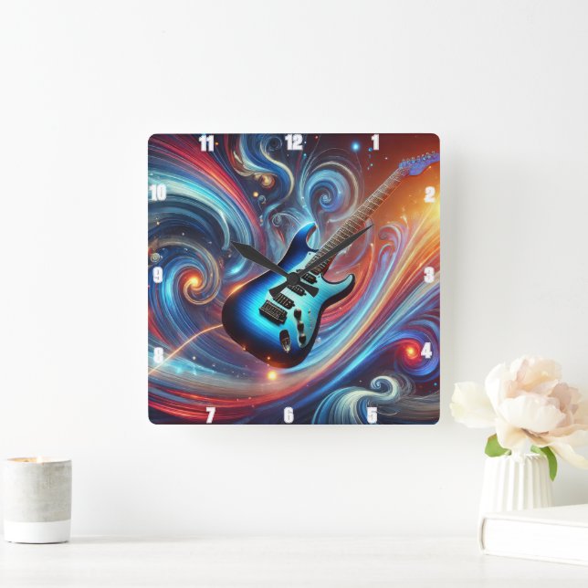 Vibrant Electric Guitar Amidst a Swirl of Abstract Square Wall Clock (Home)