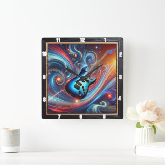 Vibrant Electric Guitar Amidst a Swirl of Abstract Square Wall Clock