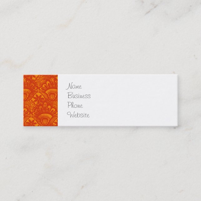 Vibrant Elegant Orange Damask Lace Girly Pattern Mini Business Card (Front)