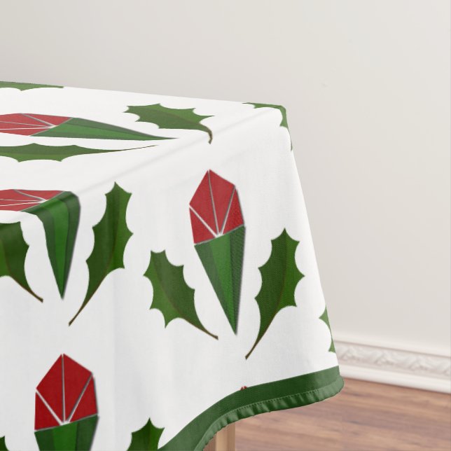 Vibrant Elegant Pattern Red Roses Green Holly Art Tablecloth (In Situ)