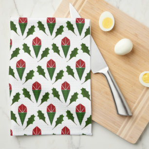 Vibrant Elegant Red Roses & Green Holly Pattern Kitchen Towel