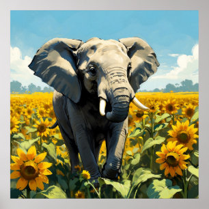 Vibrant Elephant in Sunflower Field Painting Poster