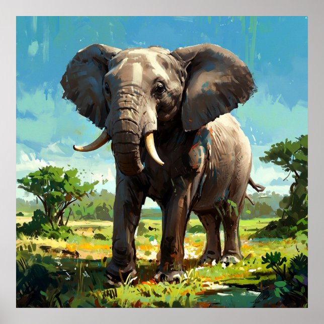 Vibrant Elephant Painting Wildlife Art Poster (Front)