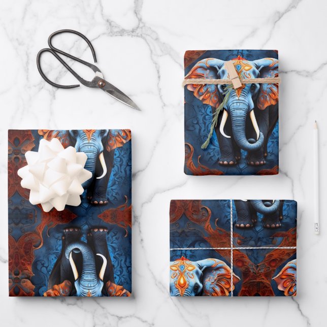 Vibrant Elephant with Floral Motifs Wrapping Paper Sheet (Front)