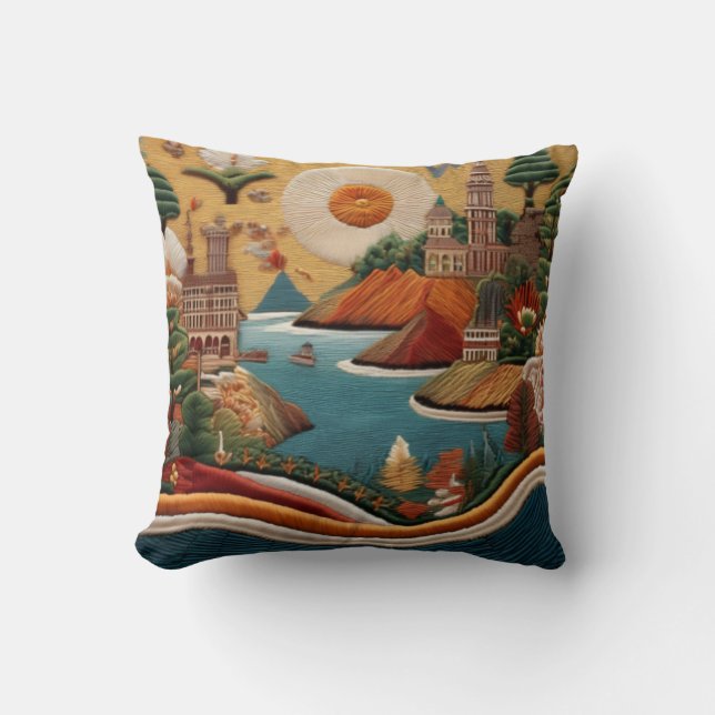 Vibrant Embroidered-Style Landscape Art Throw Pillow (Front)