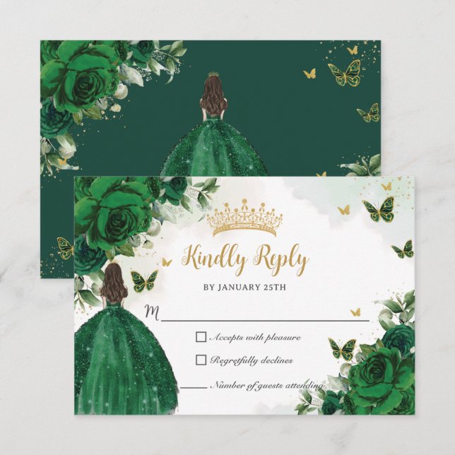 Vibrant Emerald Green Floral Princess Quinceañera RSVP Card (Front/Back)