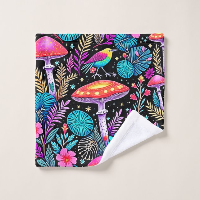 Vibrant Enchanted Forest Mushroom Artwork Bath Towel Set (Wash Cloth)