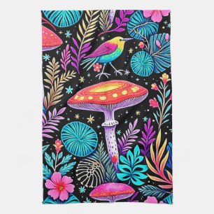 Vibrant Enchanted Forest Mushroom Artwork Kitchen Towel