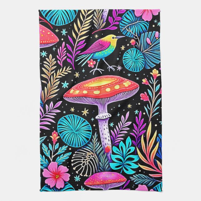 Vibrant Enchanted Forest Mushroom Artwork Kitchen Towel (Vertical)