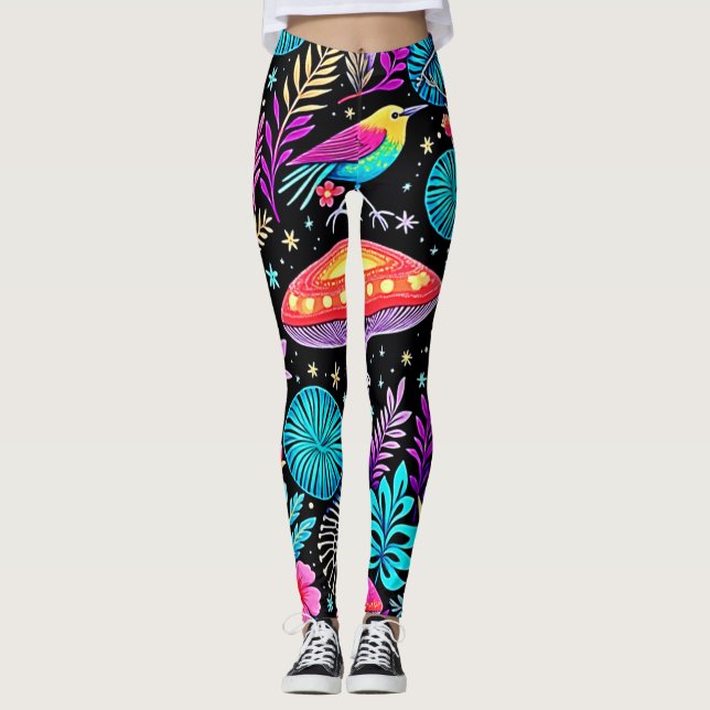 Vibrant Enchanted Forest Mushroom Artwork Leggings (Front)