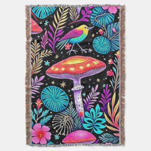 Vibrant Enchanted Forest Mushroom Artwork Throw Blanket