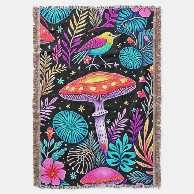 Vibrant Enchanted Forest Mushroom Artwork Throw Blanket (Front Vertical)