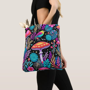 Vibrant Enchanted Forest Mushroom Artwork Tote Bag