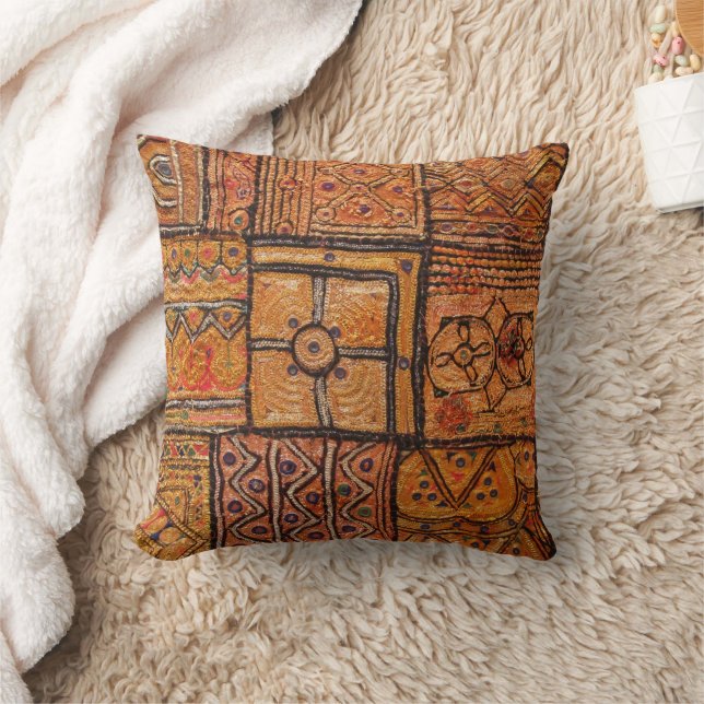 Vibrant Ethnic Indian Patchwork In Earth Tones Throw Pillow (Blanket)
